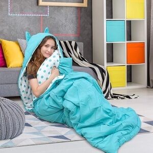 Sleeping Bag Cat Ear Hood Pinch Pleat Design Polka Dot Zipper Twin X-Long, Aqua